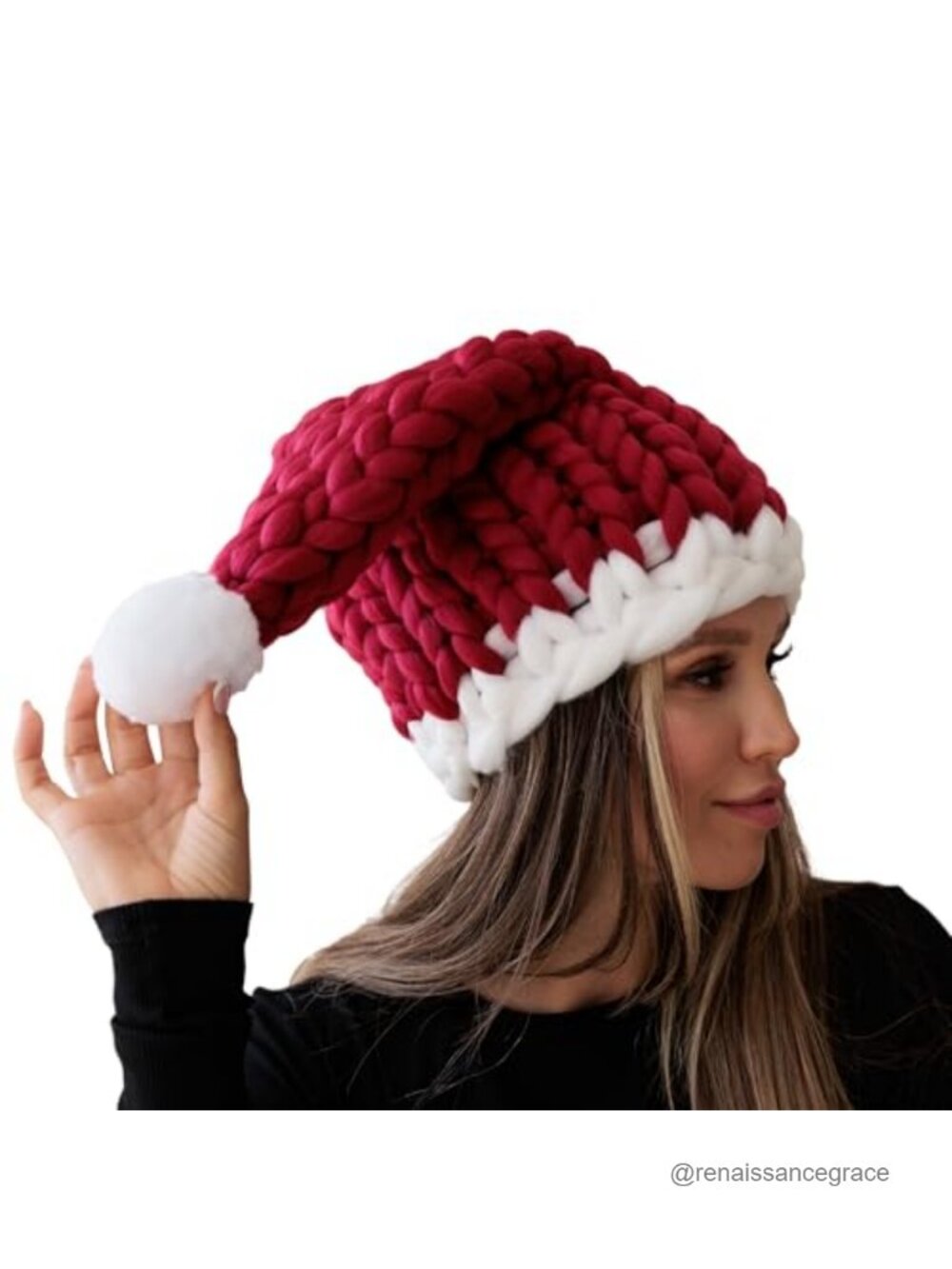 Hand Knitted Chunky Santa Beanie Slouchy Christmas Hat Wool Blend